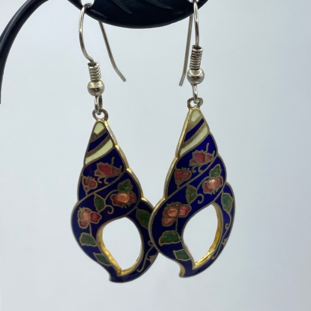 Vintage Cloisonne Blue Enamel Shell Dangle Earrings Pierced Open Floral Motif